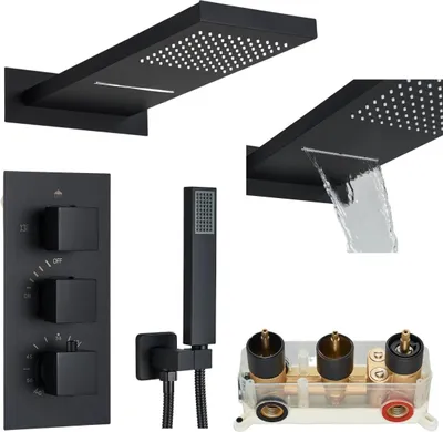A collage of images showing different parts of a black shower system, including showerheads, a control panel, a handheld shower, and the internal valve.