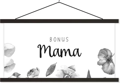 Produktbild von MuchoWow® Textilposter Sprichwörter - Zitate Bonus Mama - Mutter - Blumen - Geschenk - Schwarz und weiß 60x30 cm mit schwarzem Rahmen - Textilien