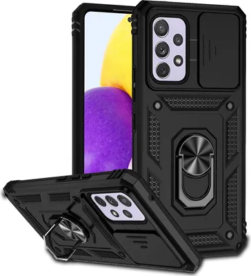 A black phone case with a sliding camera cover and a ring holder is shown from multiple angles against a white background.