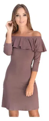 Produktbild von Damen Off-Shoulder Kleid 3/4 Arm Trägerlos; Cappuccino/L/XL