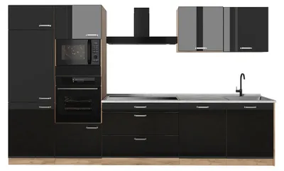 Immagine prodotto di Cucina componibile Vicco R-Line Nero lucido/Rovere dorato 340 cm piano di lavoro Marmo, Model 66579