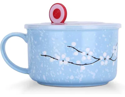 Immagine prodotto di Ciotola grande per cereali, 800 ml, con coperchio e manico, in Vetroceramica, decorata con motivi di fiori di ciliegio, colore blu