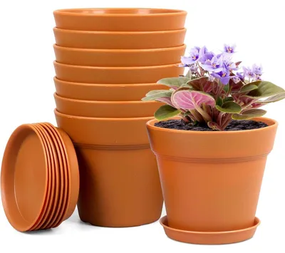 Productafbeelding van Bloempot met onderzetter, set van 8, 10 cm, kunststof, terracotta, met afvoergaten, geschikt voor binnen- en buitengebruik