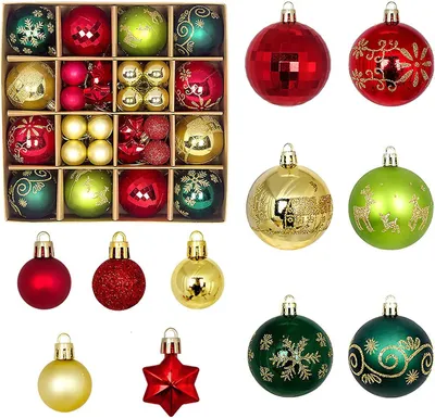 Produktbild von Weihnachtskugeln Set, 44-teilig, Kunststoff, 6 cm und 3 cm, rot grün gold, für Weihnachtsdeko
