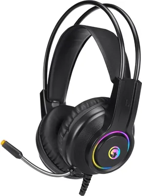 A black gaming headset with RGB lighting on a white background.