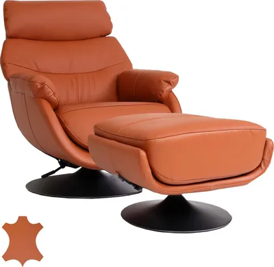 Produktbild von Relaxsessel mit Hocker HWC-K99, Fernsehsessel Sessel, Wippfunktion drehbar, Metall Echtleder/Kunstleder  braun