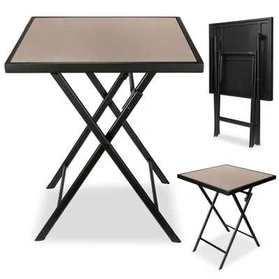 A square folding table with a brown top and black metal legs.