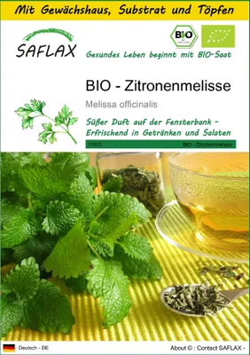 Produktbild von SAFLAX Anzucht Set - BIO - Zitronenmelisse - Melissa officinalis - 1000 Samen - Mit Mini-Gewächshaus, Anzuchtsubstrat und 2 Töpfen