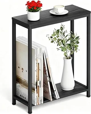 Image de Unyqoos® : Table d'appoint étroite – Structure en métal noir mat et étagères en MDF, profondeur de 20,32 cm, capacité de charge jusqu'à 50 lb, compacte, idéale pour le salon et la chambre