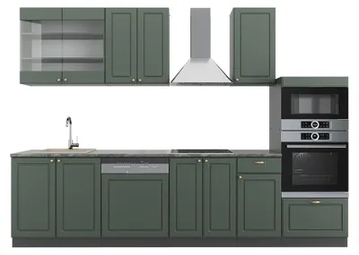Produktbild von Küchenzeile Vicco Fame-Line Grün-Gold Landhaus/Anthrazit 300 cm mit Hochschrank, ohne Arbeitsplatte, Model 38036