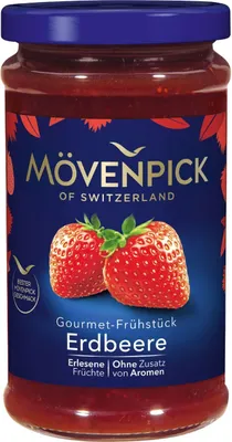 A jar of strawberry jam with the brand name Mövenpick visible.