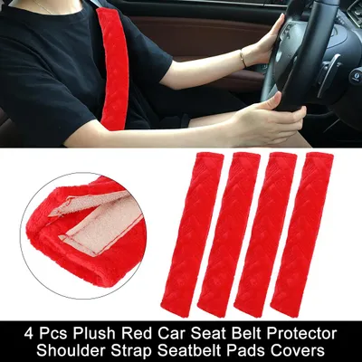 Image de 4 Pcs Peluche Rouge Voiture Ceinture securité Protecteur Épaule Sangle Tampons Couvercles