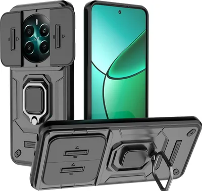 Image de Étui pour Realme 12+ étui double couche avec protection coulissante de l'appareil photo et support d'anneau, stand noir