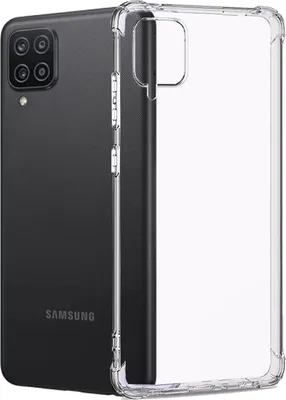 A transparent phone case is shown next to a black Samsung phone.