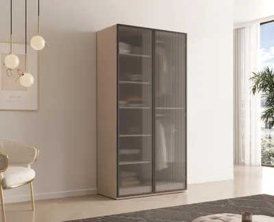 Produktbild von Kleiderschrank – Drehtürenschrank 2 Türen – Nordic – Kaschmir – 101 cm – Moderner Drehtürenschrank mit geriffelten Glastüren und viel Stauraum