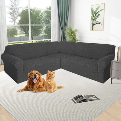 Produktbild von Sofabezug L Form Samt Dunkelgrau Jacquard 3-teilig für Ecksofa 5-Sitzer