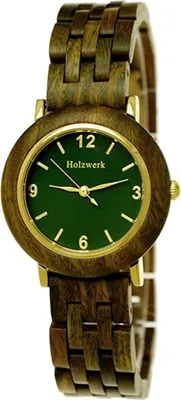 Produktbild von Holzwerk USLAR kleine Damen Holz & Edelstahl Armband Uhr in oliv grün & gold