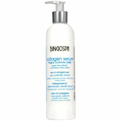 A white bottle of BingoSpa collagen serum with a pump dispenser.