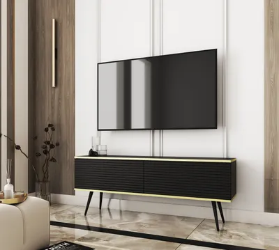 Produktbild von Moderner TV-Schrank mit Push-to-Open-Türen, Selbstmontage, 135 Breite, schwarze Oberfläche – TV-SCHRANK BLUM ORO MDF SCHWARZ 135 BEINE SCHWARZ