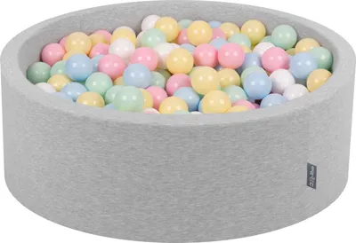 Zdjęcie produktu dla KiddyMoon suchy basen okrągły z piłeczkami 7cm jasnoszary: pastelowy niebieski-pastelowy żółty-biały-mięta-pudrowy róż 90x30cm/200piłek zabawka basen piankowy