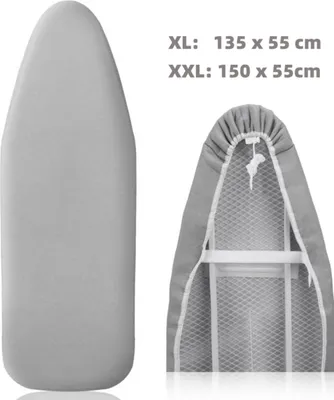 Two views of a grey ironing board cover, one showing the full cover and the other showing the inside with the ironing board structure.
