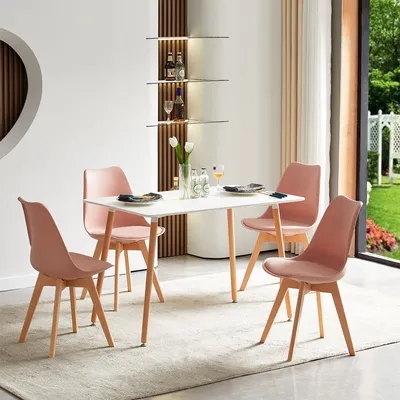 Image de HJ_WeDoo Table de salle à manger 110x70x73cm (blanc) avec 4 chaises (rose fumé) Ensemble de salle à manger Convient pour les restaurants, bureaux, salles de réception
