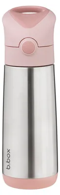 A pink and silver insulated water bottle with a straw lid.