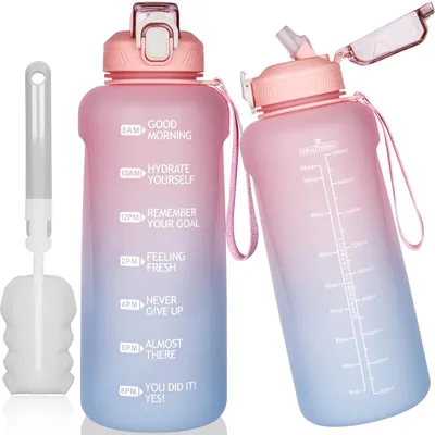 Produktbild von Sport Trinkflasche 2 l, mit Strohhalm und Zeitmarkierungen, auslaufsicher, für Fitnessstudio