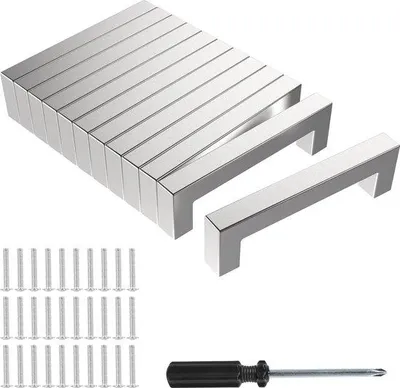 Image de 12 poignées de meuble argentées de 128 mm avec vis et outils