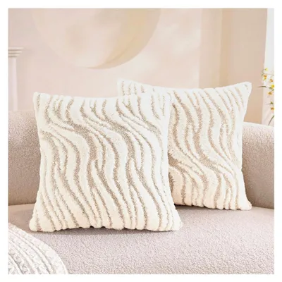 Produktbild von Weicher Plüsch Kissenbezug 40x40 cm 2er Set, Dekorative Kissenbezüge mit Wellenstreifen, Kissenhülle mit Reißverschluss, Waschbar und Langlebig für Wohnzimmer und Schlafzimmer, Creme