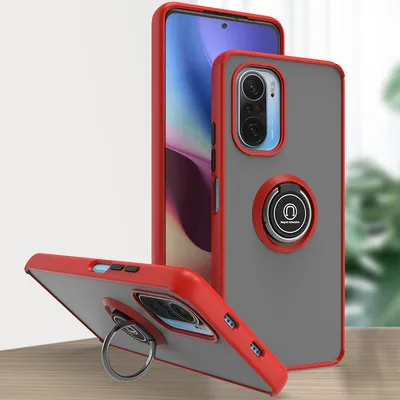 Produktbild von Xiaomi Poco F3 Hülle, Ring Halter Ständer Matte Transluzent TPU Rahmen Stoßfest Schutzhülle für Xiaomi Poco F3 Rot