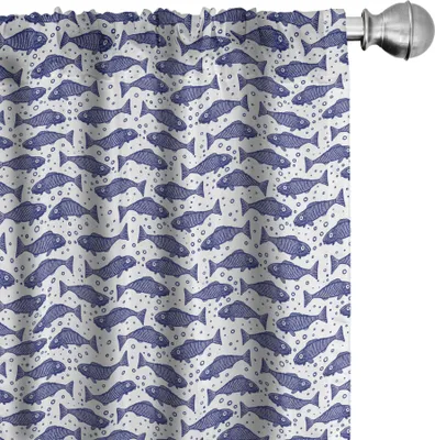 Image de ABAKUHAUS Rideaux nautiques, rideaux, motif poisson monochrome dessiné à la main avec bulles minimales, 2 pièces 75 x 225 cm, bleu violet et blanc