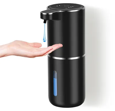 Image de Distributeur de savon automatique, rechargeable via USB-C avec support mural, 380 ml, électrique avec capteur, 4 niveaux réglables, noir, pour la cuisine et la salle de bains