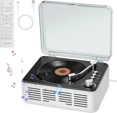 Obrázek produktu pro CD přehrávač s HiFi stereo reproduktory, vintage Bluetooth CD přehrávač pro domácnost, CD přehrávač s FM rádiem a dálkovým ovládáním, podporuje přehrávání přes USB/AUX/Type-C (bílý)