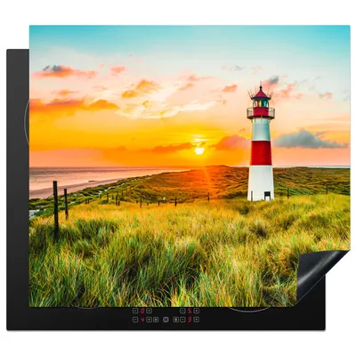 Produktbild von KitchenYeah© Herdabdeckplatte Leuchtturm - Natur - Sonne - Landschaft - Gras - Strand - Meer , 57x51cm, Küche Deko, Glaskeramikkochfeld Herdabdeckung, Abdeckplatte fùr Kochfeld