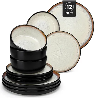 Productafbeelding van Serviesset, handgemaakt keramiek, duurzaam en veilig, beige, 12 stuks