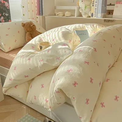 Produktbild von Bettwäsche 135x200 Beige mit Rosa Schleifen
