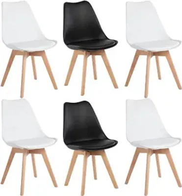 Six dining chairs arranged in two rows of three against a white background.