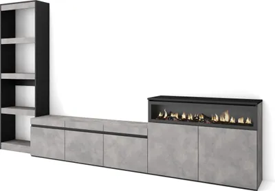 A modern living room furniture set with a bookshelf and a media console featuring an electric fireplace.