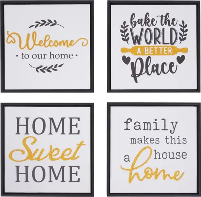 Produktbild von 4er-Set Wandbild MCW-N96, Wanddekoration Bilderrahmen Sprüche Sweet Home Welcome World Family, Holz Leinwand 30x30cm