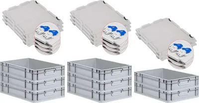 Produktbild von SuperSparSet 8x Eurobox NextGen Grip mit Scharnierdeckel und blauen Schiebeschnappverschlüssen | HxBxT 12x40x60cm | 23 Liter | Grau | Griffe geschlossen | Glatter Boden | Eurobehälter, Transportbox, Transportbehälter, Stapelbehälter
