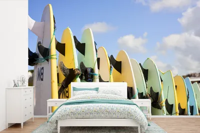 Produktbild von MuchoWow® Fototapete für Wohnzimmer oder Schlafzimmer Wandtapete Vinyl Motivtapete Eine Reihe von Surfbrettern - 600x400 cm - Vinyltapeten