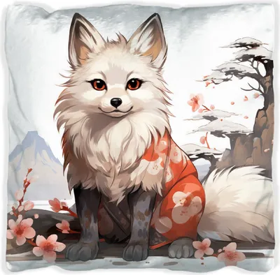 Produktbild von Wallario Premium Kissen, weiche Oberfläche, mit Motiv Fuchs mit Kirschblüten, Größe: 30 x 30 cm, mit weißer Rückseite