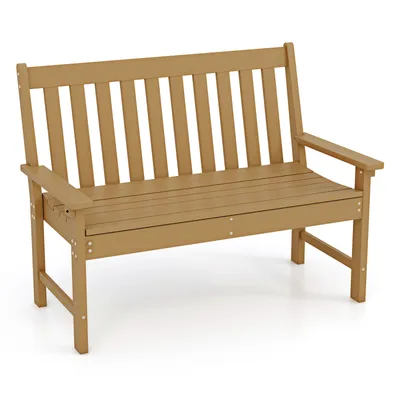 Image de COSTWAY Banc de jardin Banc HDPE résistant aux intempéries, banc de parc pour 2-3 places, banc de balcon pouvant supporter jusqu'à 320kg, banc de terrasse 132 x 65 x 91 cm Teck