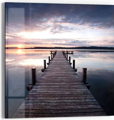 Produktbild von DEQORI Glasbild Echtglas 30x30 cm 'Steg bei Sonnenuntergang' Wandbild Bild modern Deko