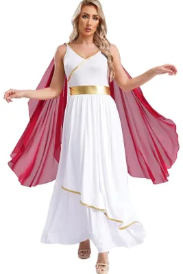 Produktbild von Damen Griechische Göttin Kostüm Gr M Weiß Rot Gold Antike Römerin Kleid mit Umhang Karneval Fasching Party Halloween