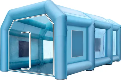 A light blue inflatable spray booth is shown from the side, with the entrance visible on the left.