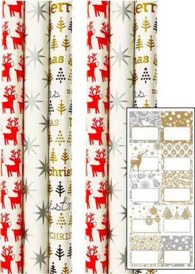 Obrázek produktu pro Vánoční balicí papír - vánoční papír na Vánoce - 200 x 70 cm - 6 rolí a štítky se jmény