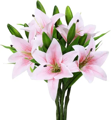 Produktbild von 5er-Pack künstliche Lilien, realistische Haptik, für Hochzeiten, Zuhause, Partys, Garten, Geschäft, Büro – künstliche Lilien aus Kunststoff, rosa