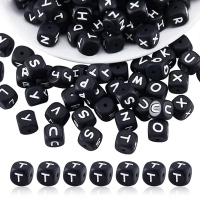 Productafbeelding van Elzusha - 20 Stuks Siliconen Letter Kralen Zwart - Kubus 12mm - Voor Sieraden Maken